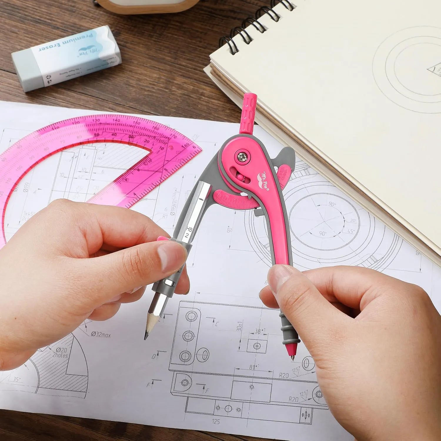 Vivid Cerise Metal Compass & Protractor Set for School