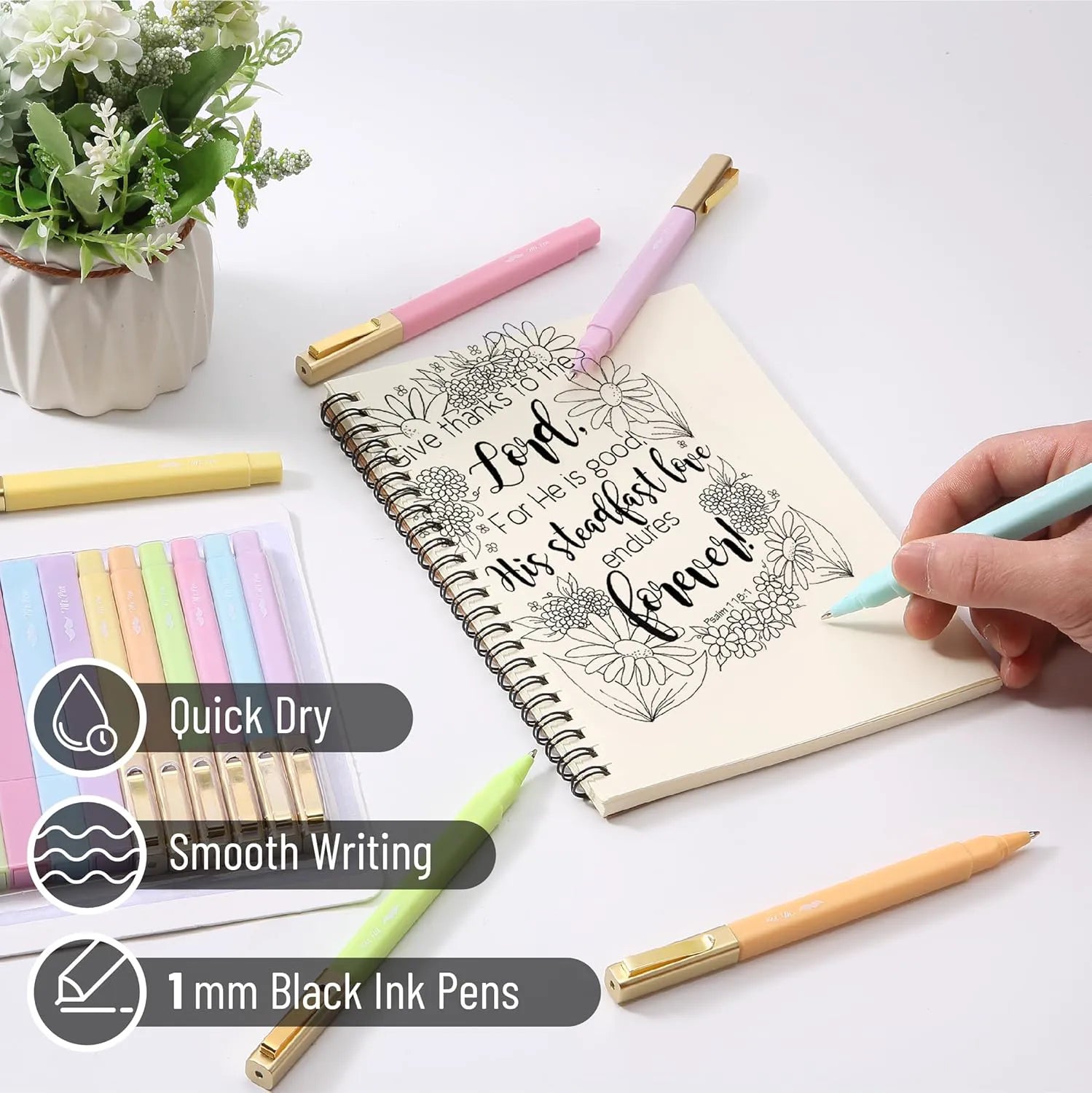 12-Pack Aesthetic No-Bleed Highlighters & Pens for Bible Study, Pastel Colors, Black Ink