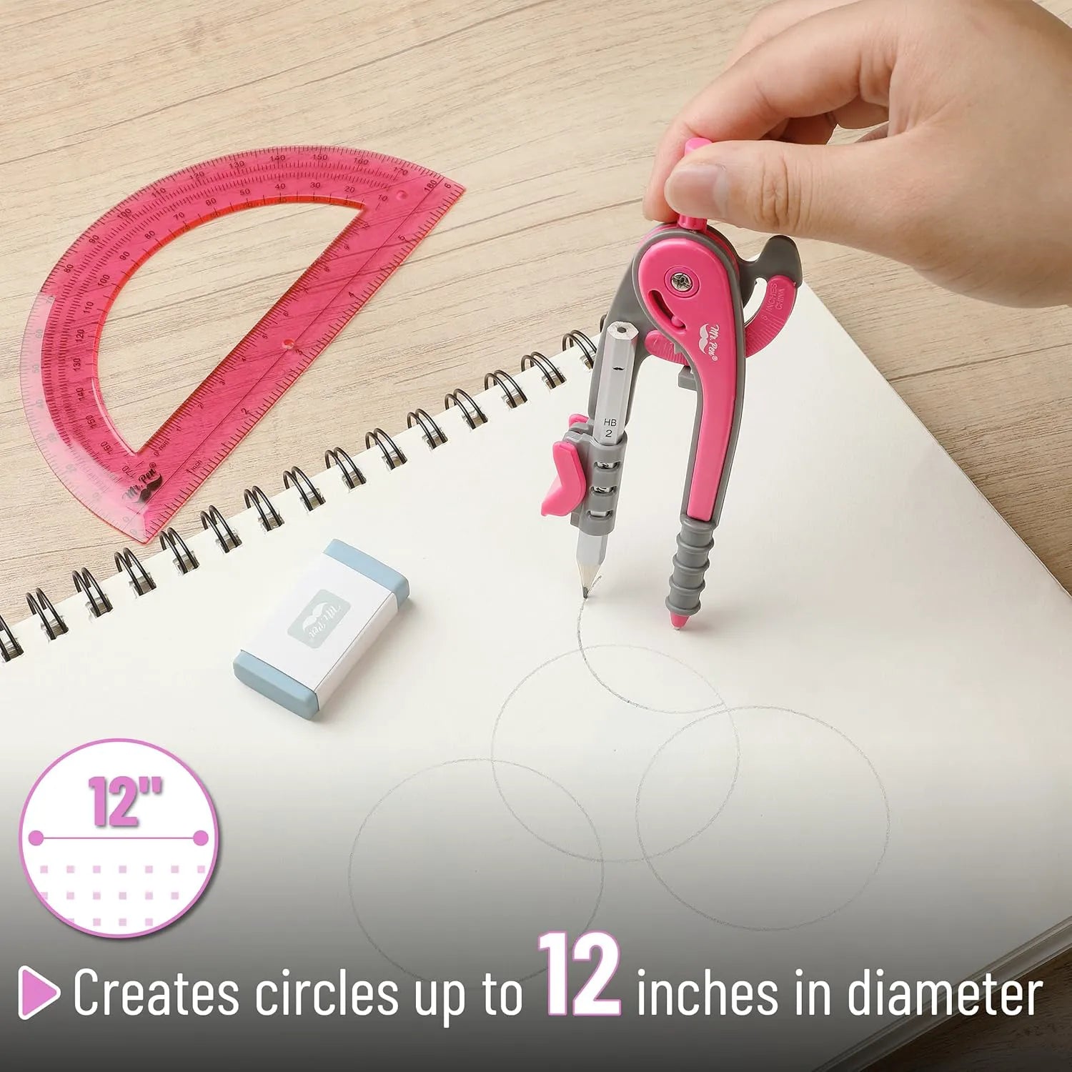 Vivid Cerise Metal Compass & Protractor Set for School