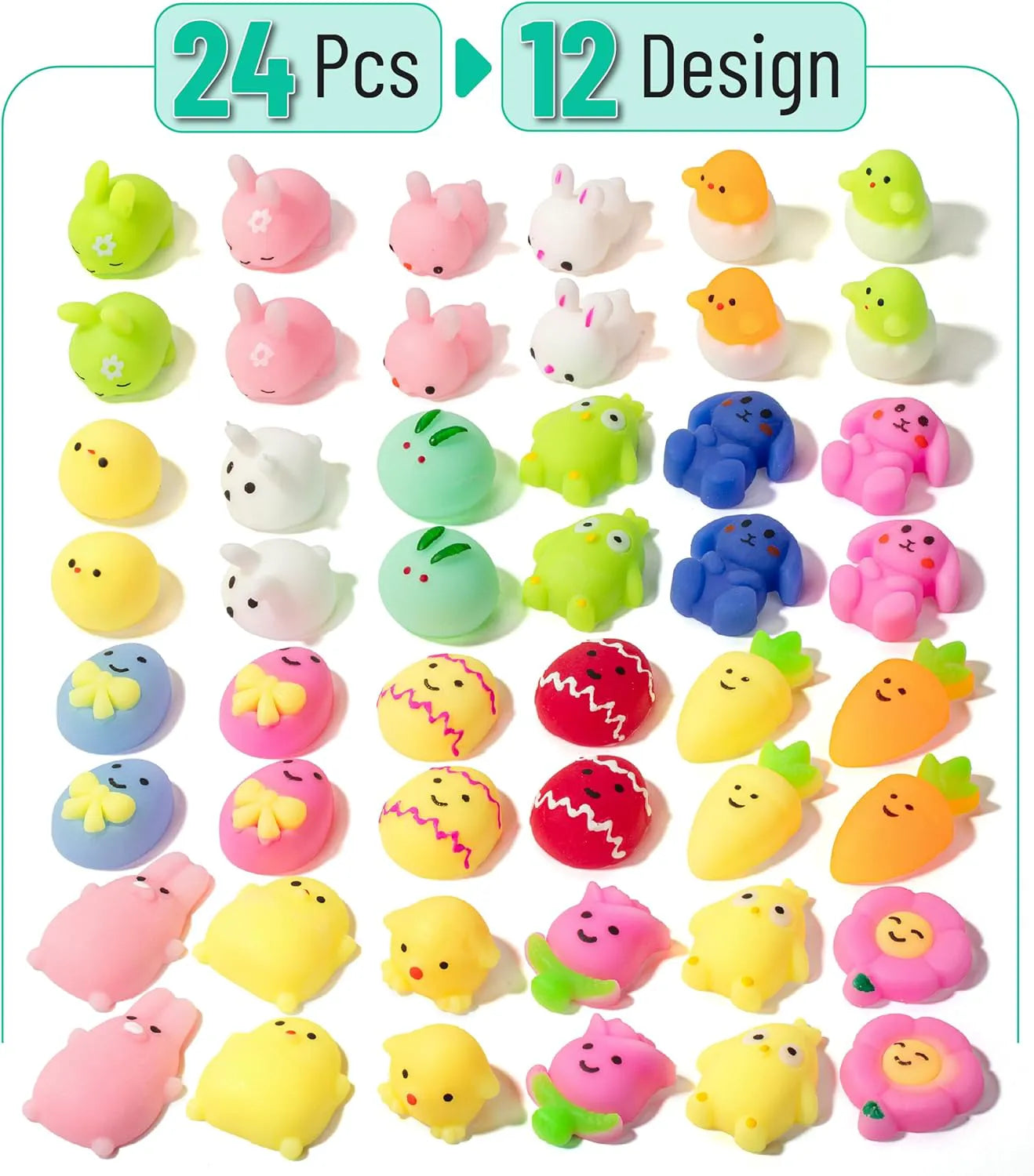 Easter Mochi Squishy Toys for Kids - 48 Pack with 24 Unique Designs