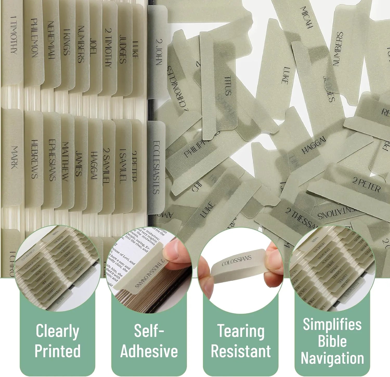 Mr. Pen Bible Tabs - 75 Transparent Olive Green Laminated Index Tabs for Women and Men, Ideal for Study Bibles