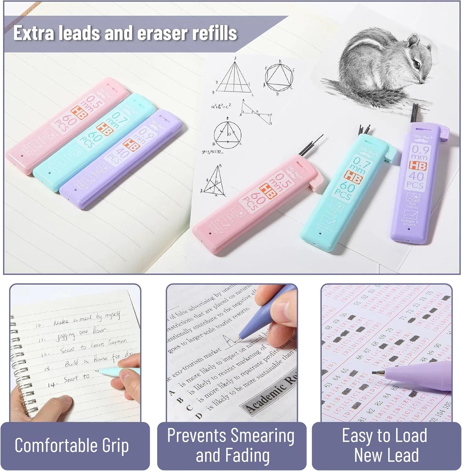 Mr. Pen Pastel Mechanical Pencil Set with Lead Refills & Erasers, 6 Pack, 3 Sizes (0.5, 0.7, 0.9mm), Aesthetic Pencils