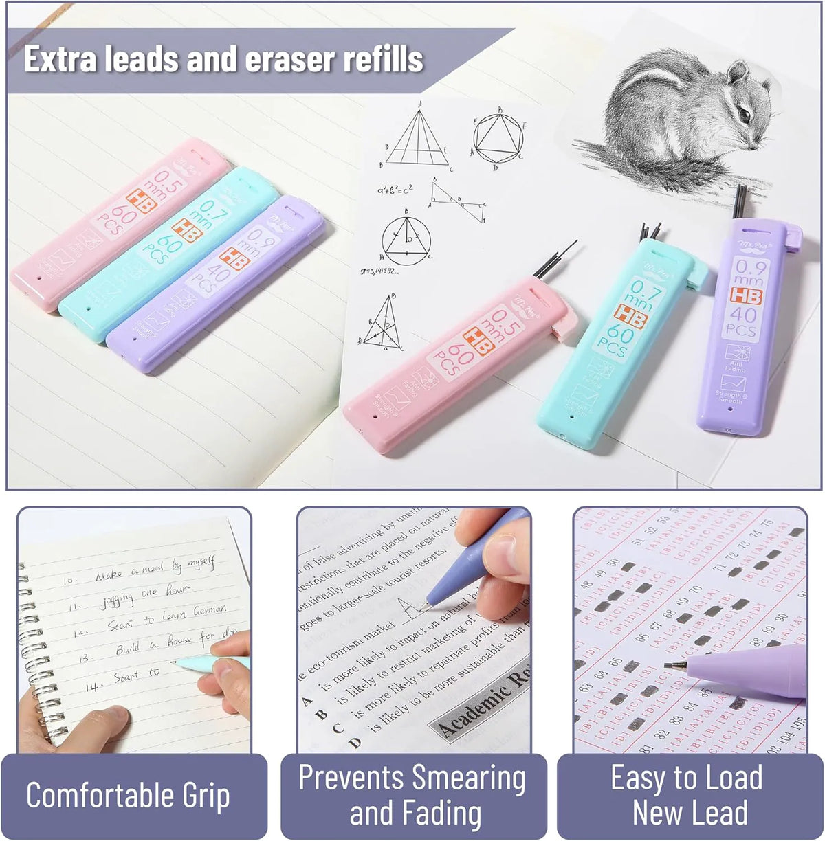 Mr. Pen Pastel Mechanical Pencil Set with Lead Refills & Erasers, 6 Pack, 3 Sizes (0.5, 0.7, 0.9mm), Aesthetic Pencils