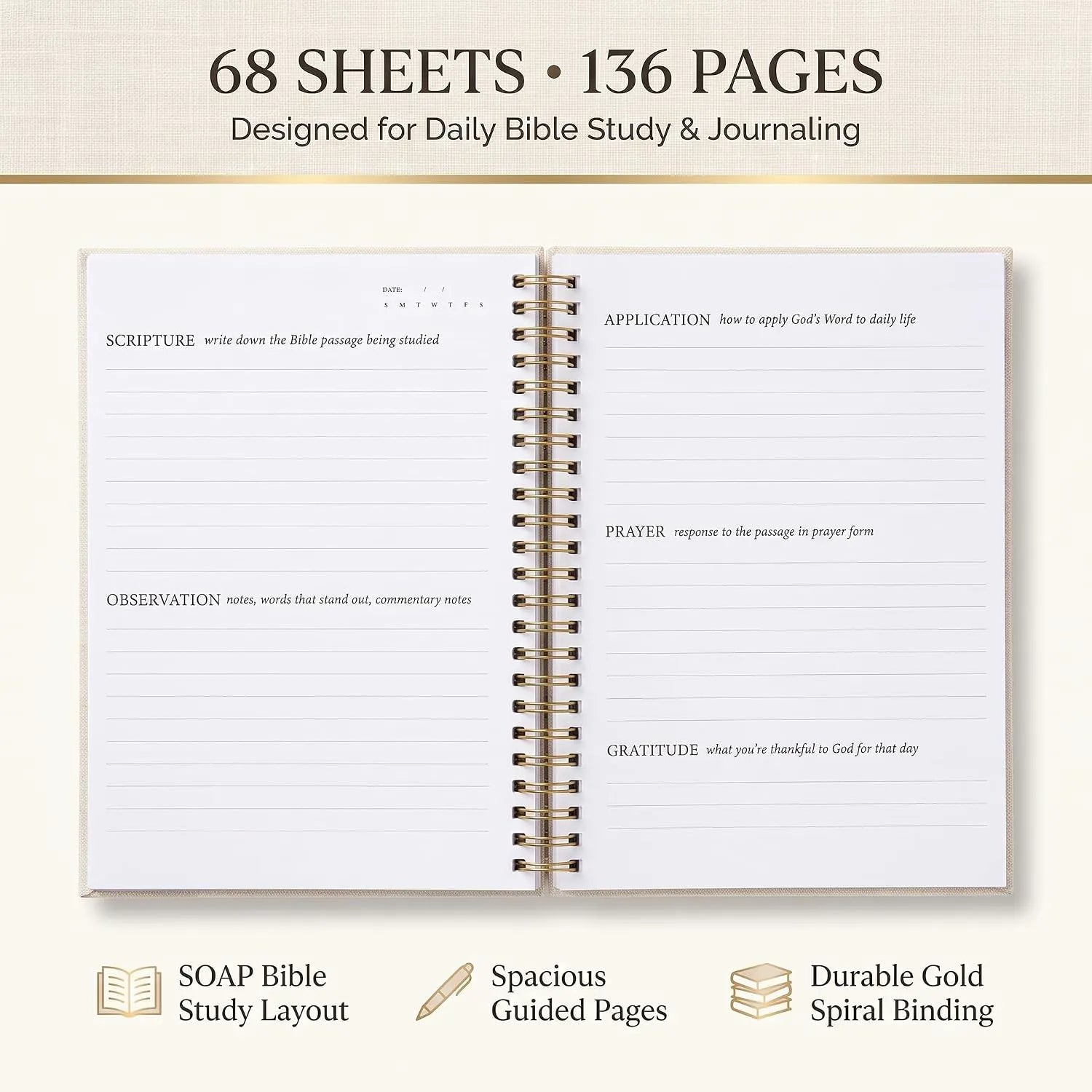 Mr. Pen Abide Bible Study Journal - A5 Hardcover, 136 Pages, 120gsm Paper, Gold Metal Spiral, Christian Gift for Women, SOAP Method