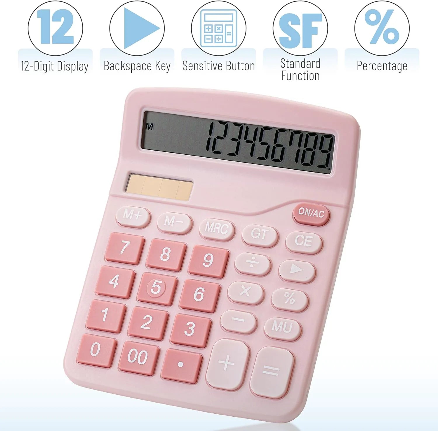Cute Pink Desktop Calculator with Large 12-Digit Display and Big Keys
