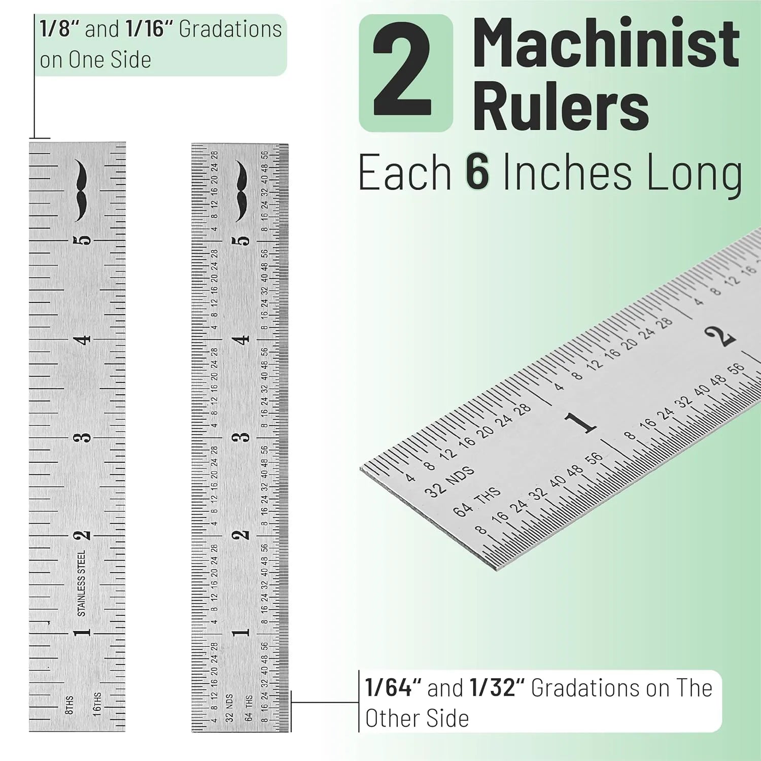 Stainless Steel Metal Machinist Ruler 6 Inch (2 Pack)