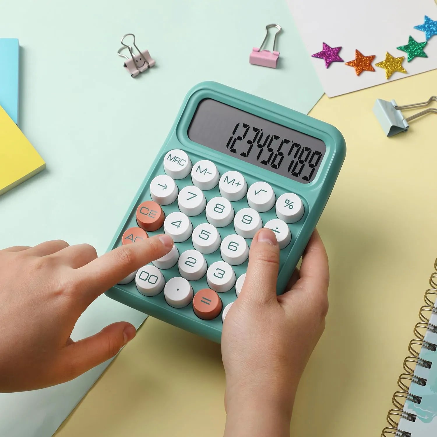Mechanical Calculator with 12-Digit Large LCD Display, Earthy Green Finish, and Round Keys