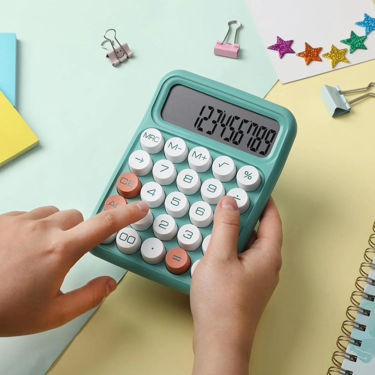 Mechanical Calculator with 12-Digit Large LCD Display, Earthy Green Finish, and Round Keys