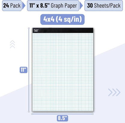 Bulk Graph Paper 8.5x11 Inch, 24 Pack, 30 Sheets Each, 4x4 Grid Paper