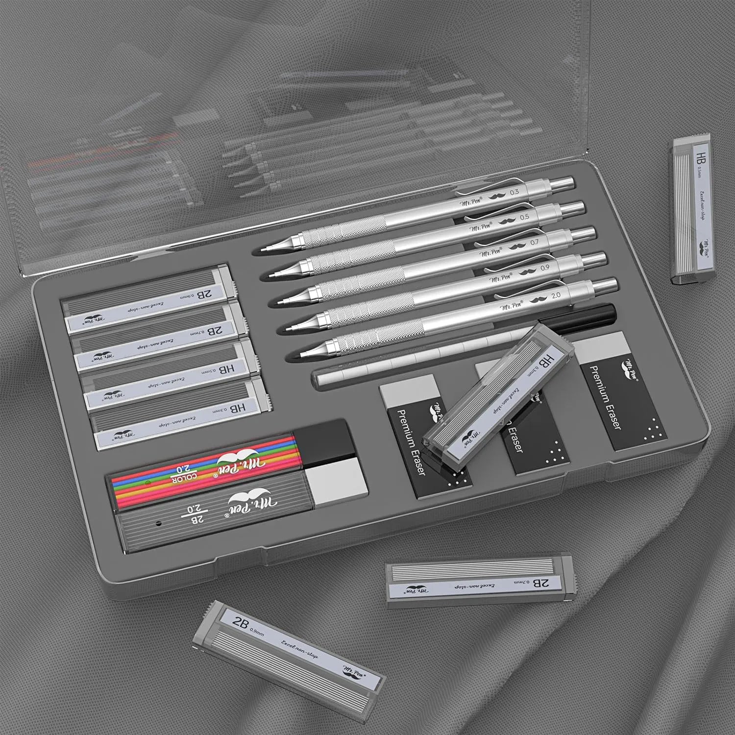 Premium Mechanical Pencil Set with Case, 5 Sizes, Leads & Erasers
