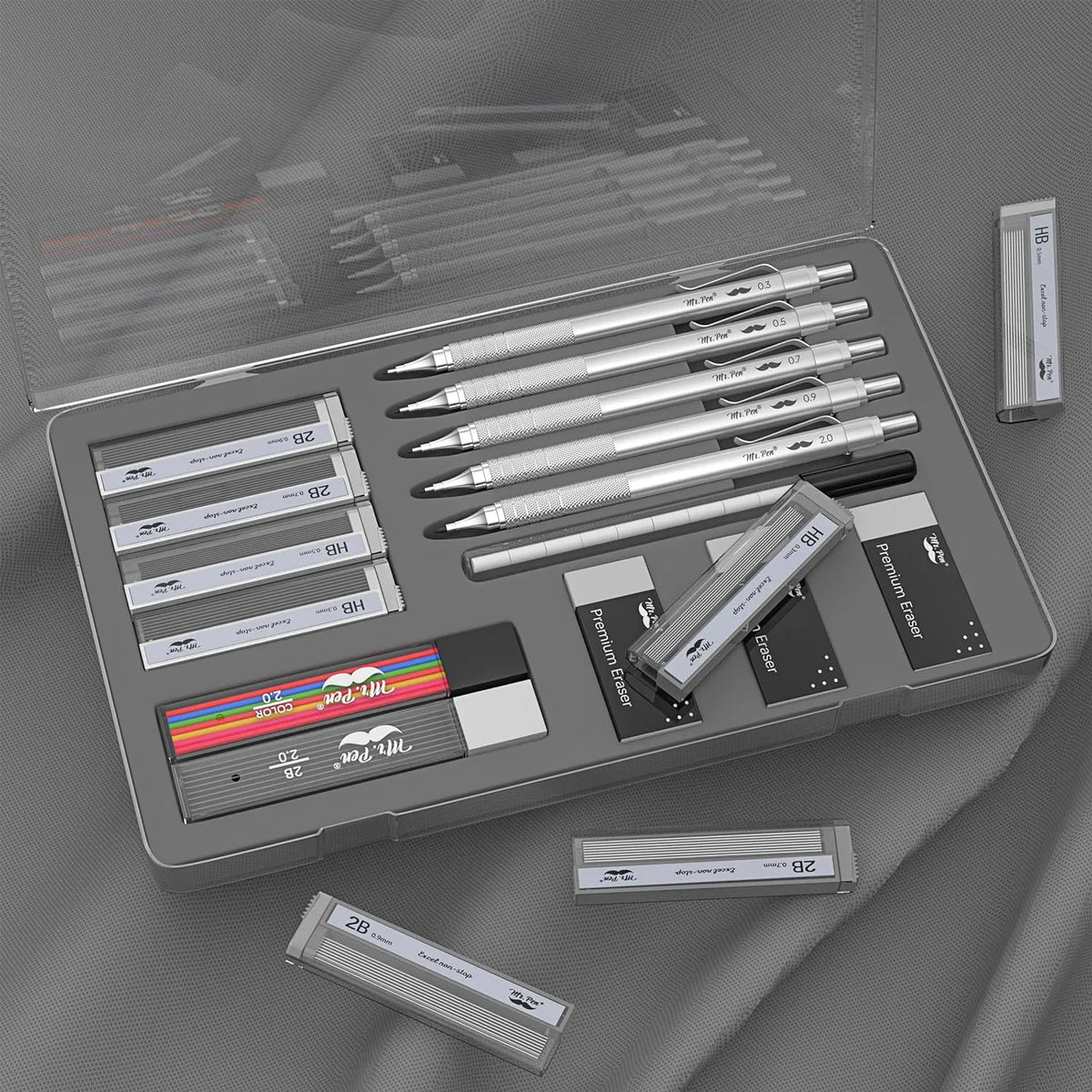 Premium Mechanical Pencil Set with Case, 5 Sizes, Leads & Erasers