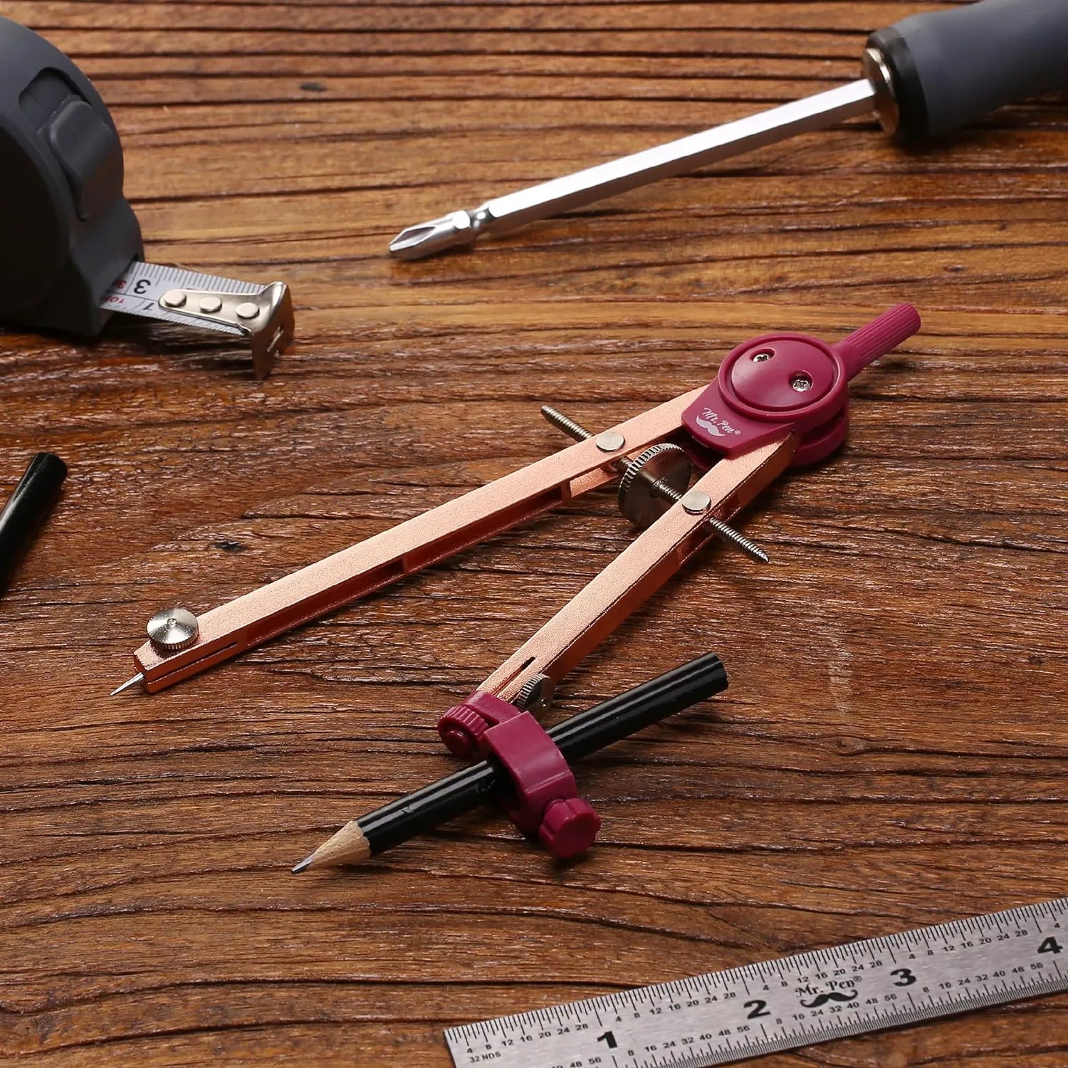 Rose Gold Drawing Compass for Geometry, Draws Up to 11 Inches