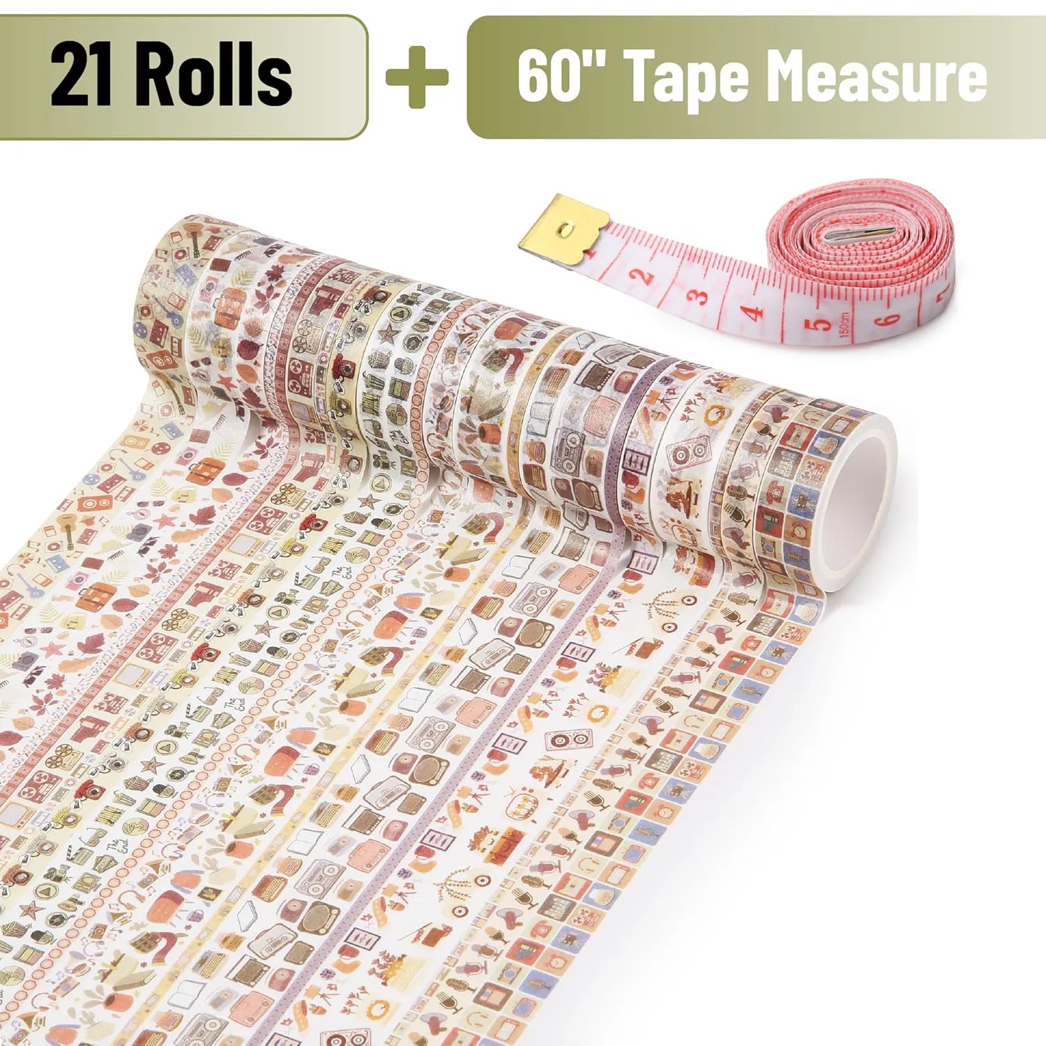 Retro Icon Washi Tape Set - 21 Rolls, Assorted Widths