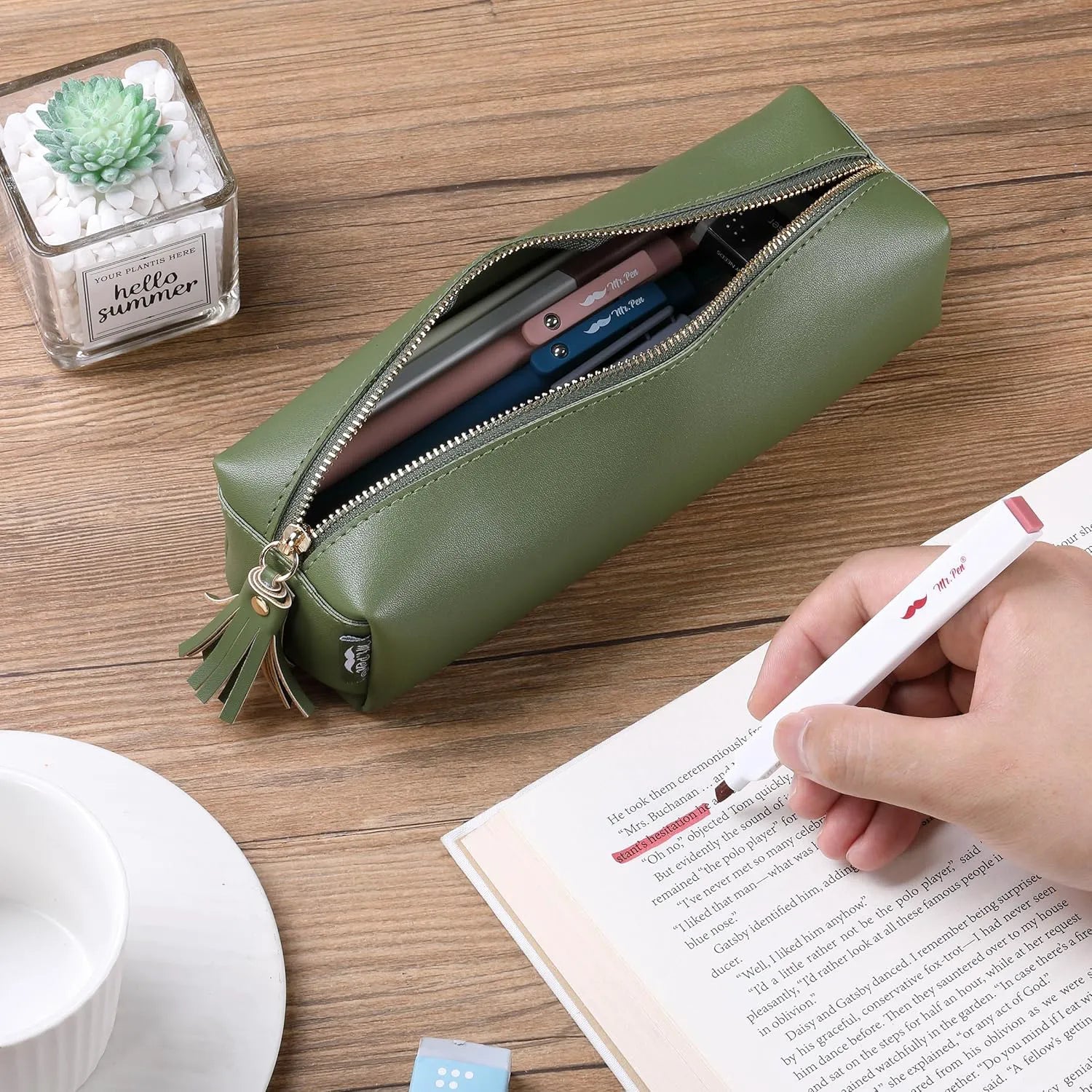 Cute Aesthetic Small Pencil Pouch in Green PU Leather