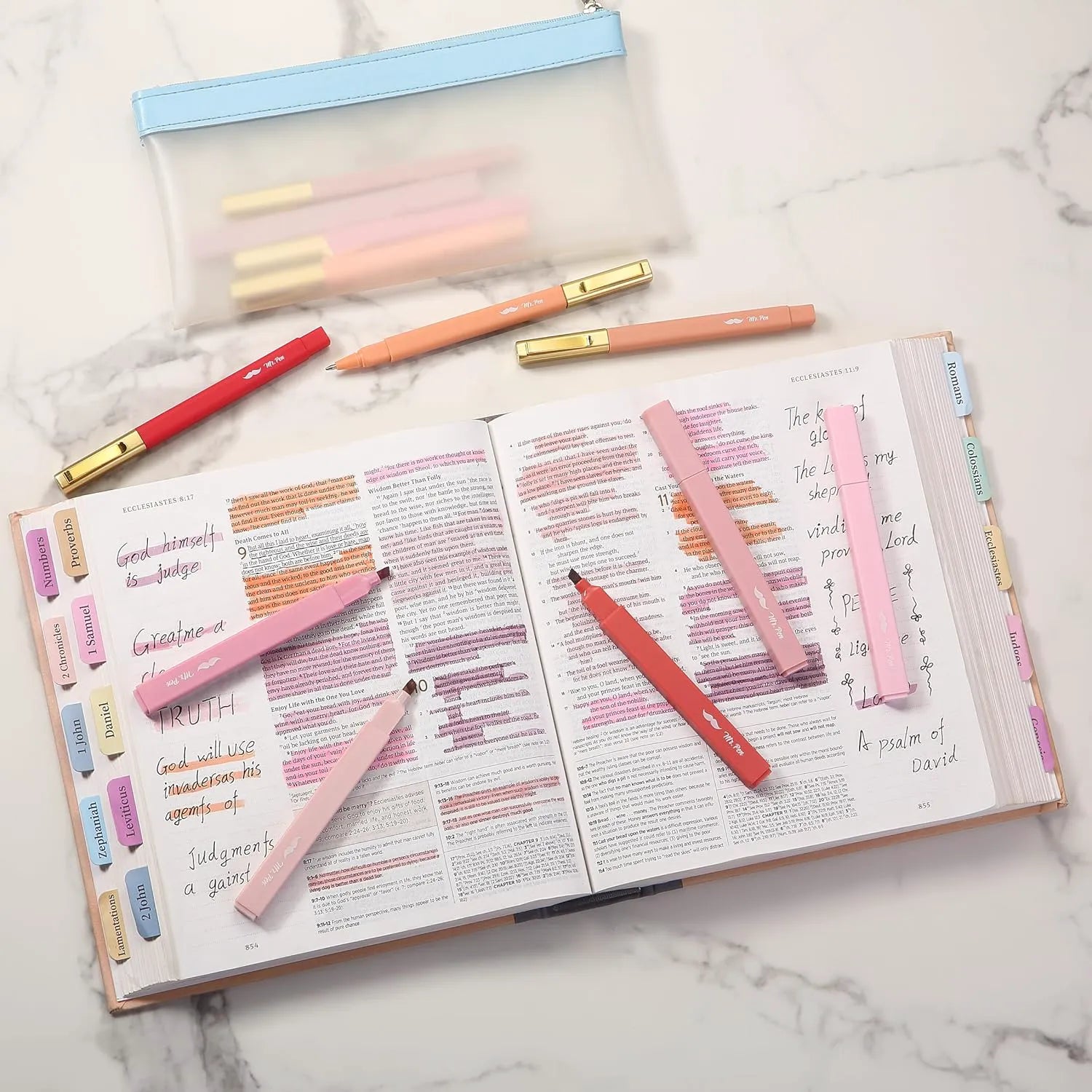 Aesthetic Highlighter & Ballpoint Pen Set (12 Pack) - No-Bleed, Soft Colors, Chisel Tip + Pens for Journaling & Study