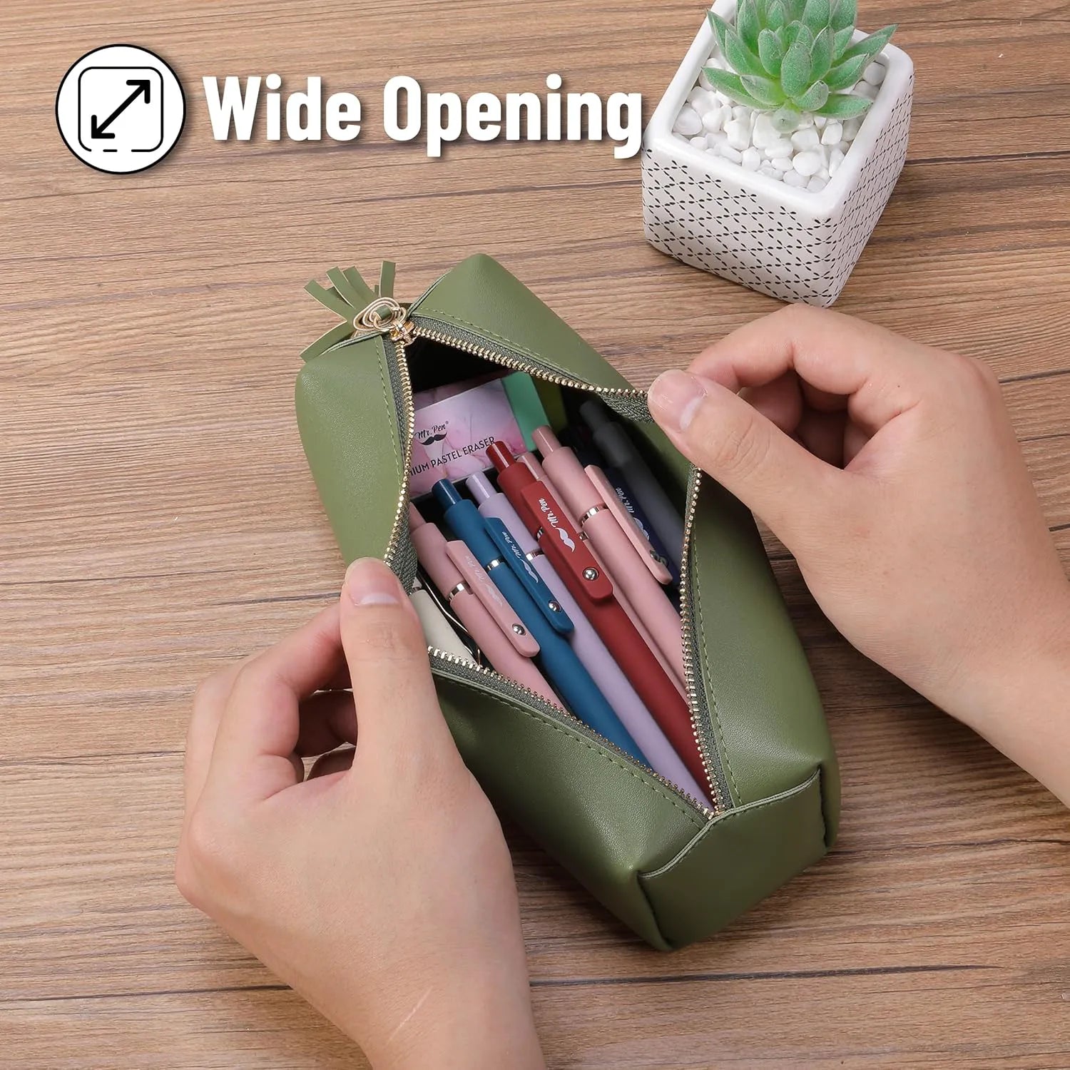 Cute Aesthetic Small Pencil Pouch in Green PU Leather