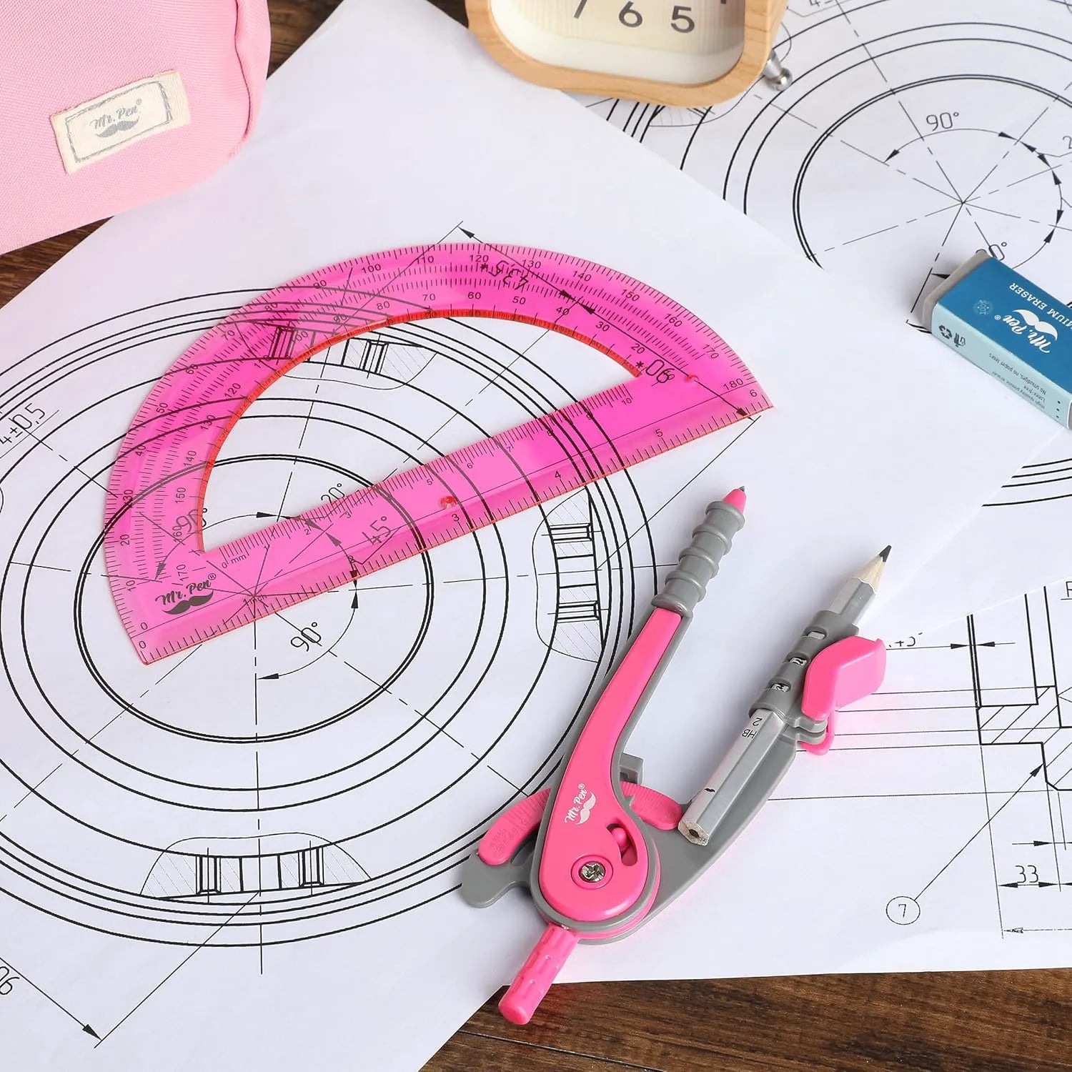 Vivid Cerise Metal Compass & Protractor Set for School