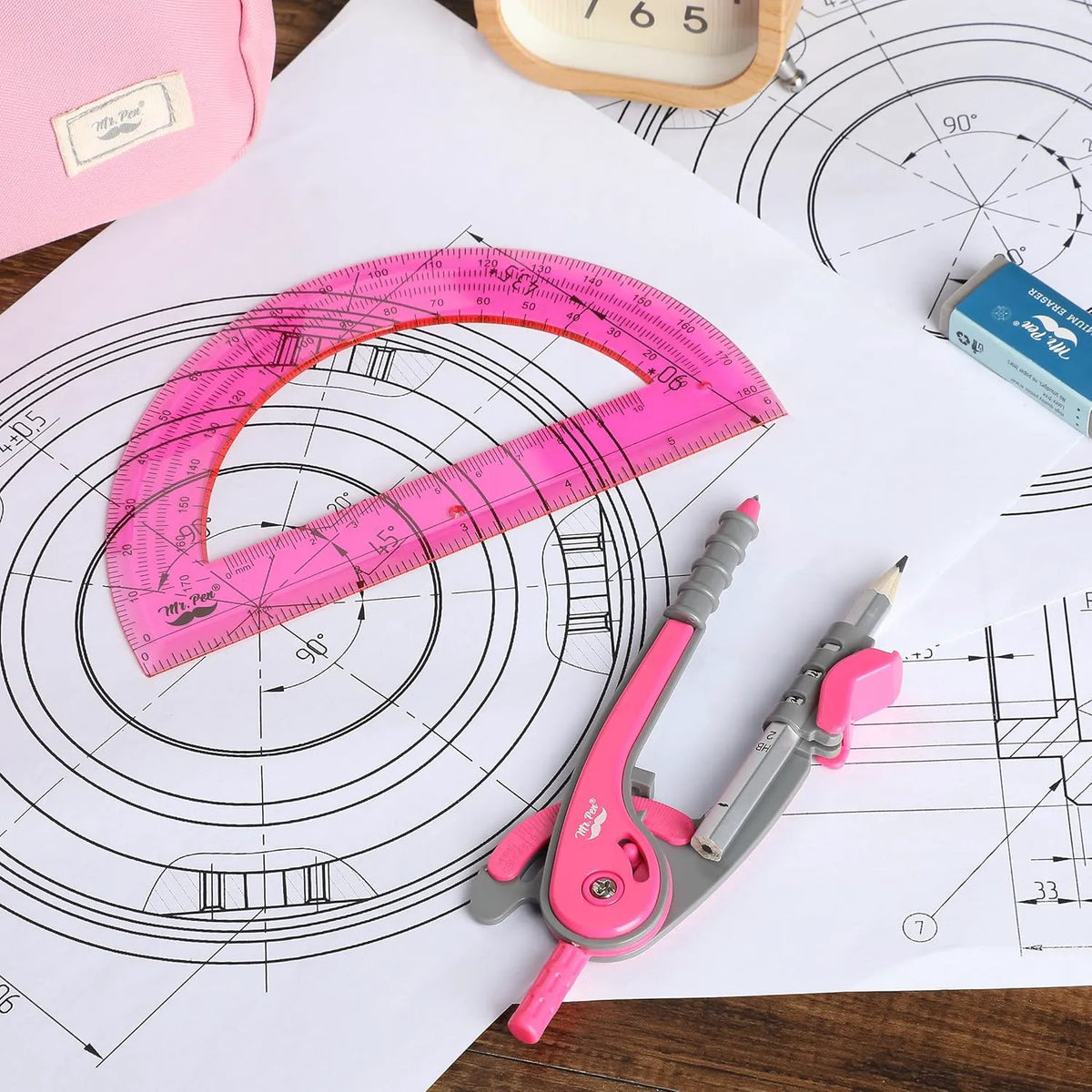 Vivid Cerise Metal Compass & Protractor Set for School