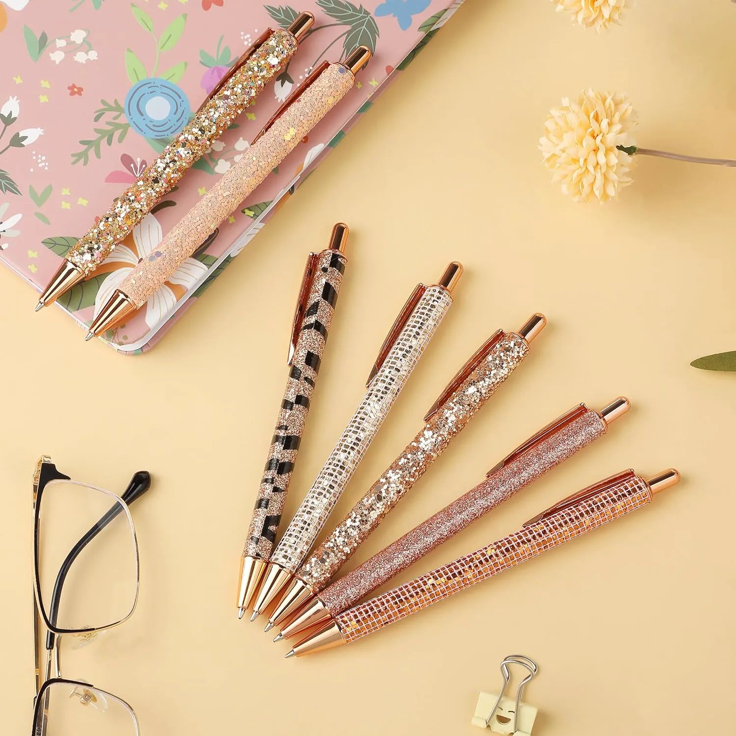 Mr. Pen Fancy Pens for Women - 7 Rose Gold Glitter Ballpoint Pens with 10 Refills, 1.0mm Black Ink, Cute Journaling Pens