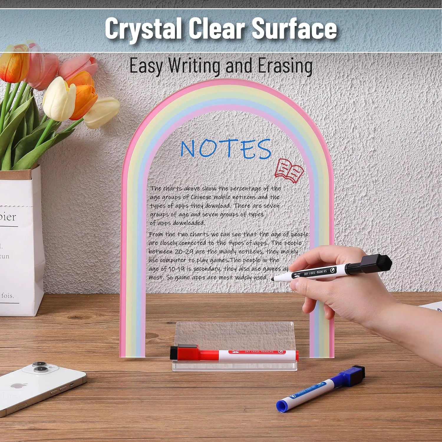 Mr. Pen Clear Acrylic Board with Stand, 11.8" x 9", 3 Markers, Rainbow Theme, Desk Dry Erase Board