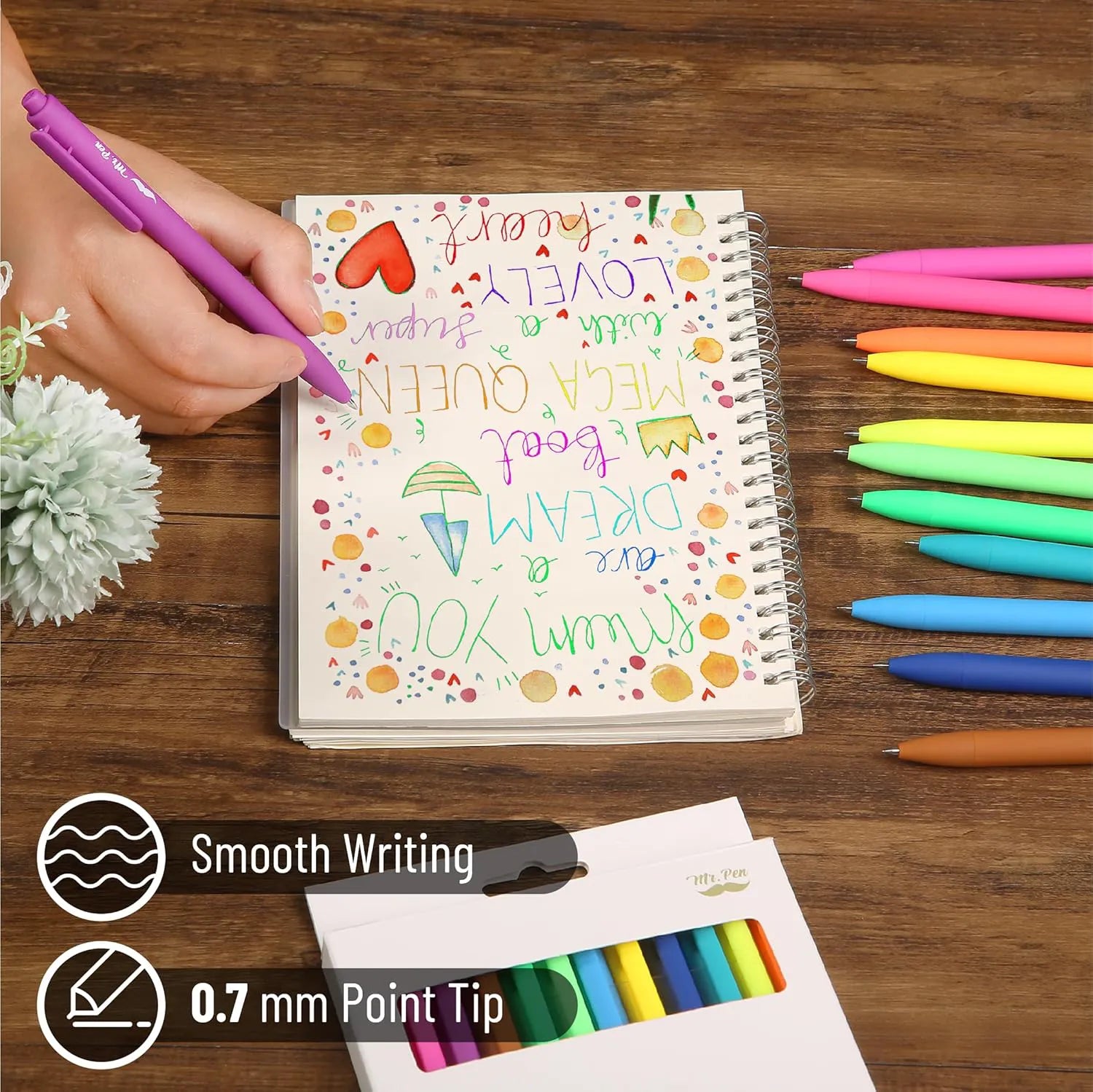 Retractable Gel Pens 12-Pack: Cute Design, Colored Ink, Quick-Dry, Fine Point 0.7mm