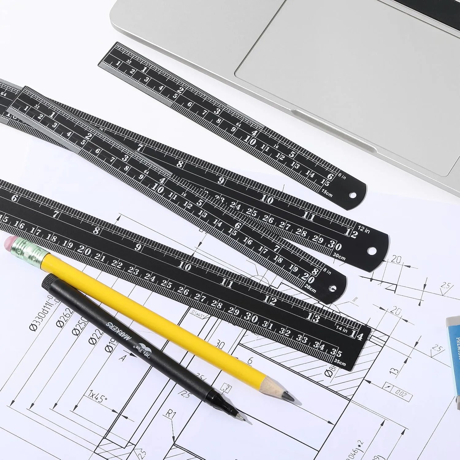 Stainless Steel Ruler Set (4 Pack) – 6, 8, 12, 14 Inches with Metric & Inch Markings