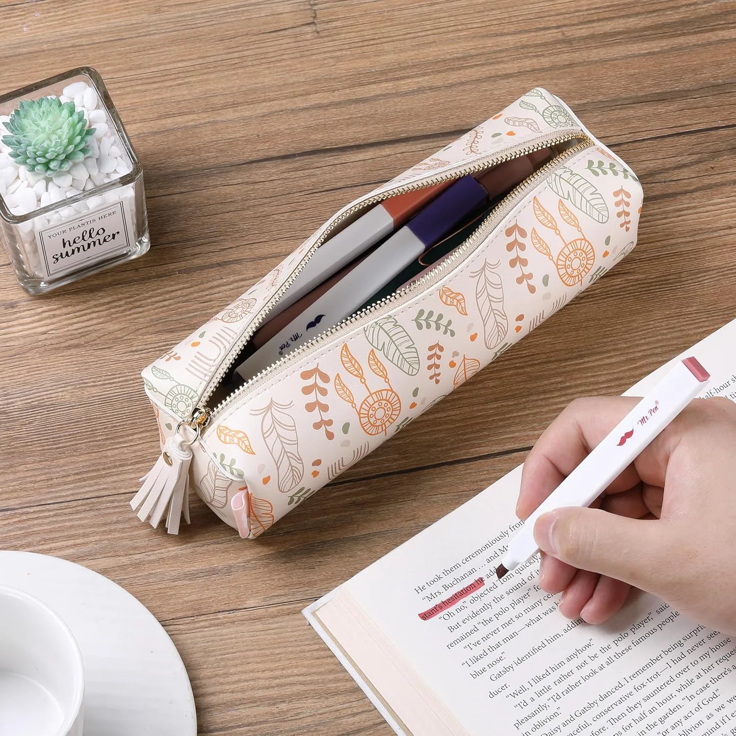 Boho PU Leather Pencil Pouch - Slim, Cute & Aesthetic