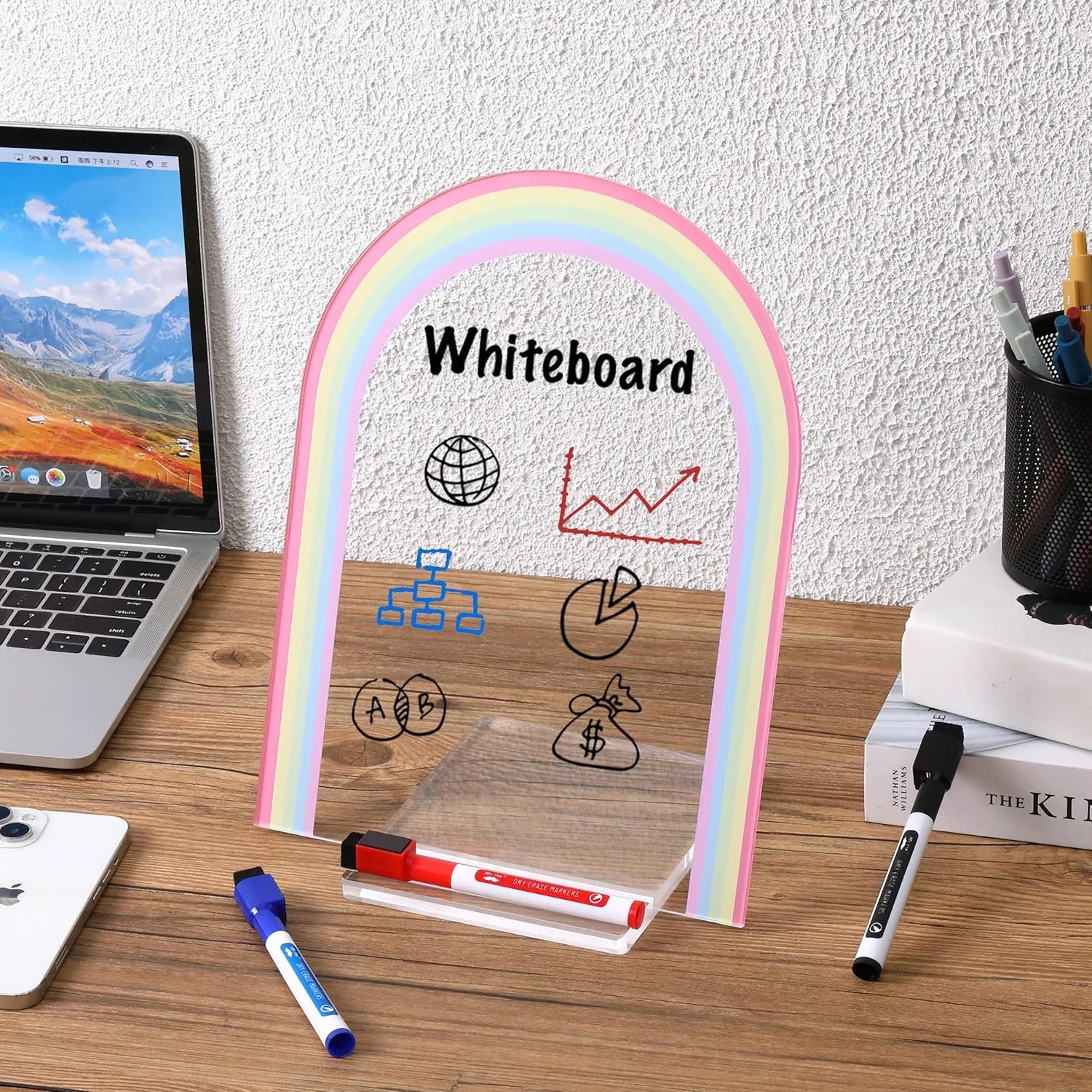 Mr. Pen Clear Acrylic Board with Stand, 11.8" x 9", 3 Markers, Rainbow Theme, Desk Dry Erase Board