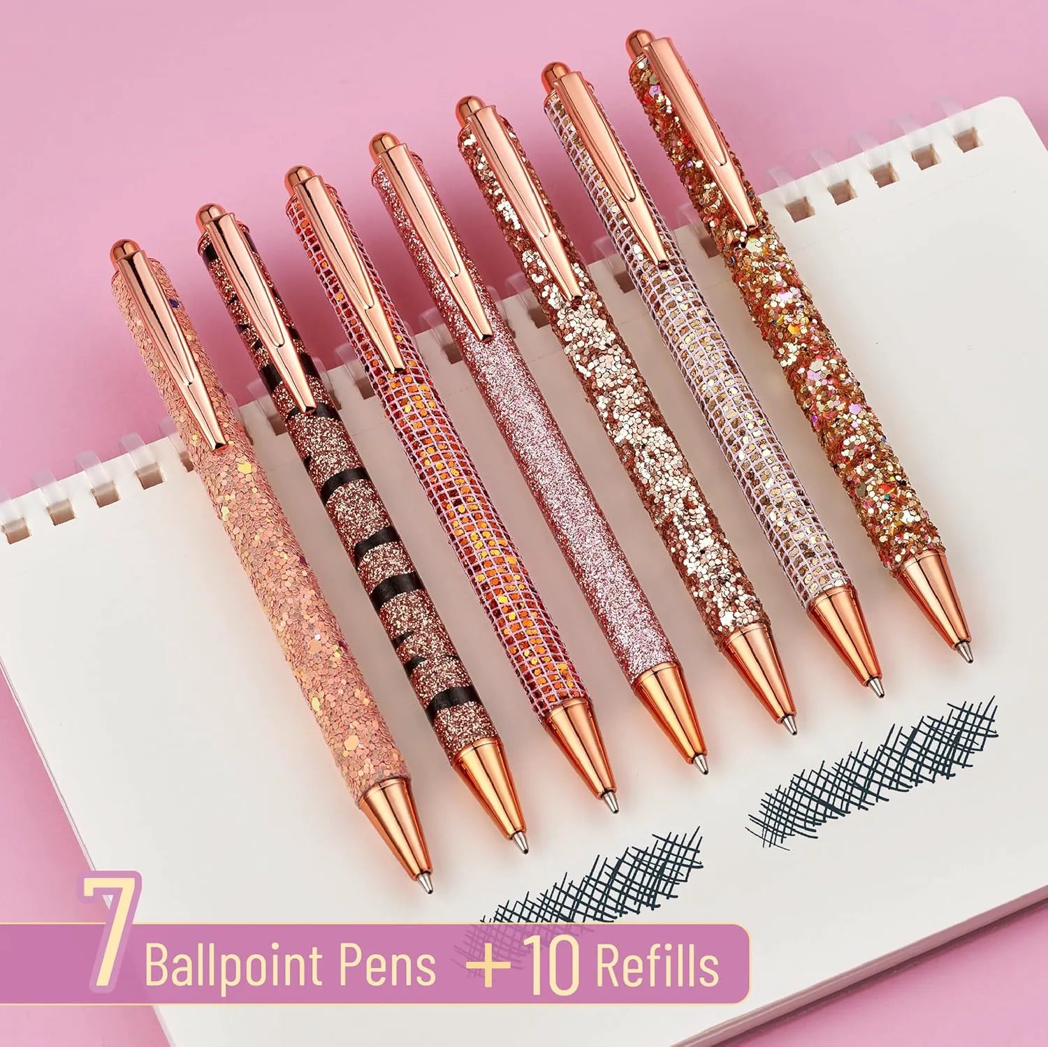 Mr. Pen Fancy Pens for Women - 7 Rose Gold Glitter Ballpoint Pens with 10 Refills, 1.0mm Black Ink, Cute Journaling Pens