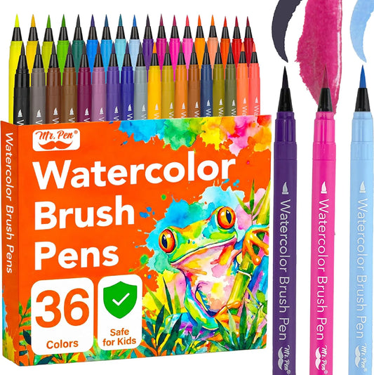 Watercolor Markers 36 Pack with Brush Tip, Water-Based & Non-Toxic
