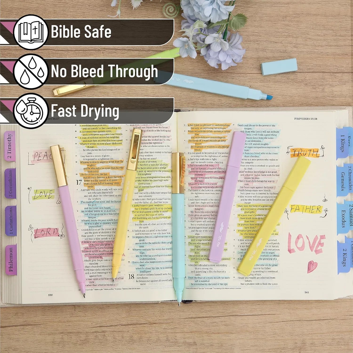 12-Pack Aesthetic No-Bleed Highlighters & Pens for Bible Study, Pastel Colors, Black Ink