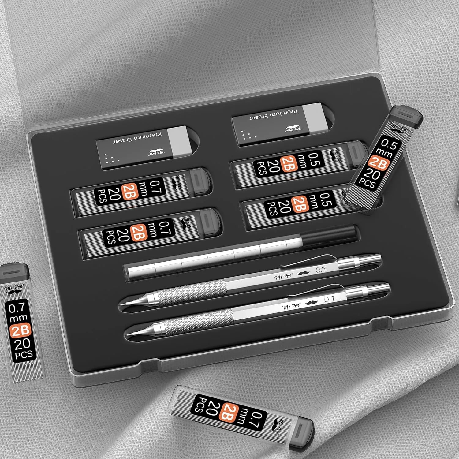 Metal Mechanical Pencil Set with 0.5 & 0.7mm Leads and 80 Refills in Case