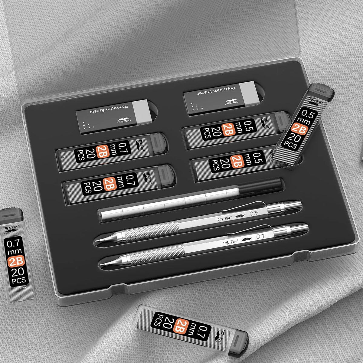 Metal Mechanical Pencil Set with 0.5 & 0.7mm Leads and 80 Refills in Case