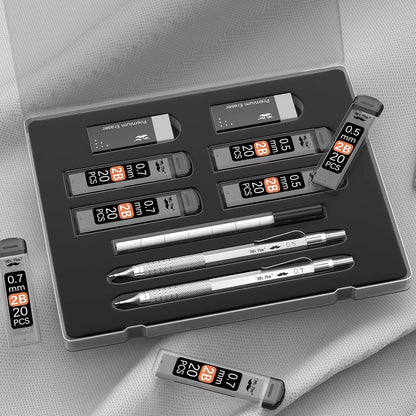 Metal Mechanical Pencil Set with 0.5 & 0.7mm Leads and 80 Refills in Case