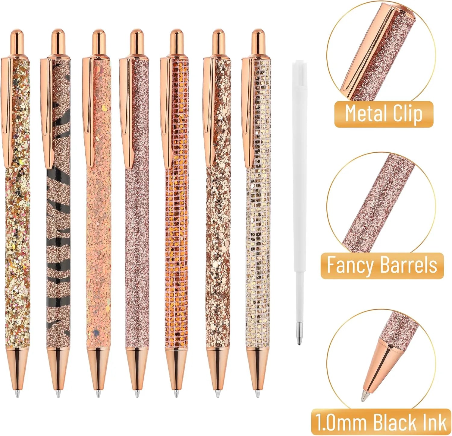 Mr. Pen Fancy Pens for Women - 7 Rose Gold Glitter Ballpoint Pens with 10 Refills, 1.0mm Black Ink, Cute Journaling Pens