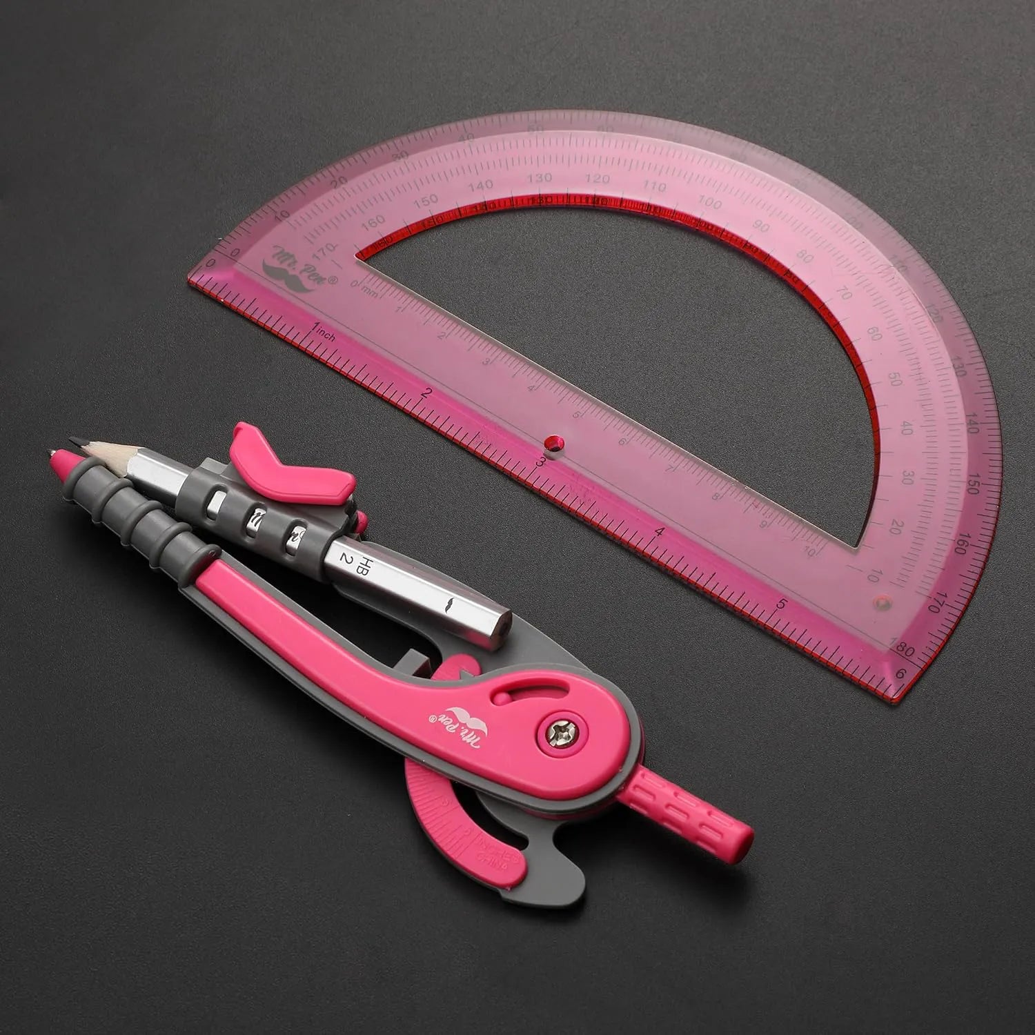 Vivid Cerise Metal Compass & Protractor Set for School