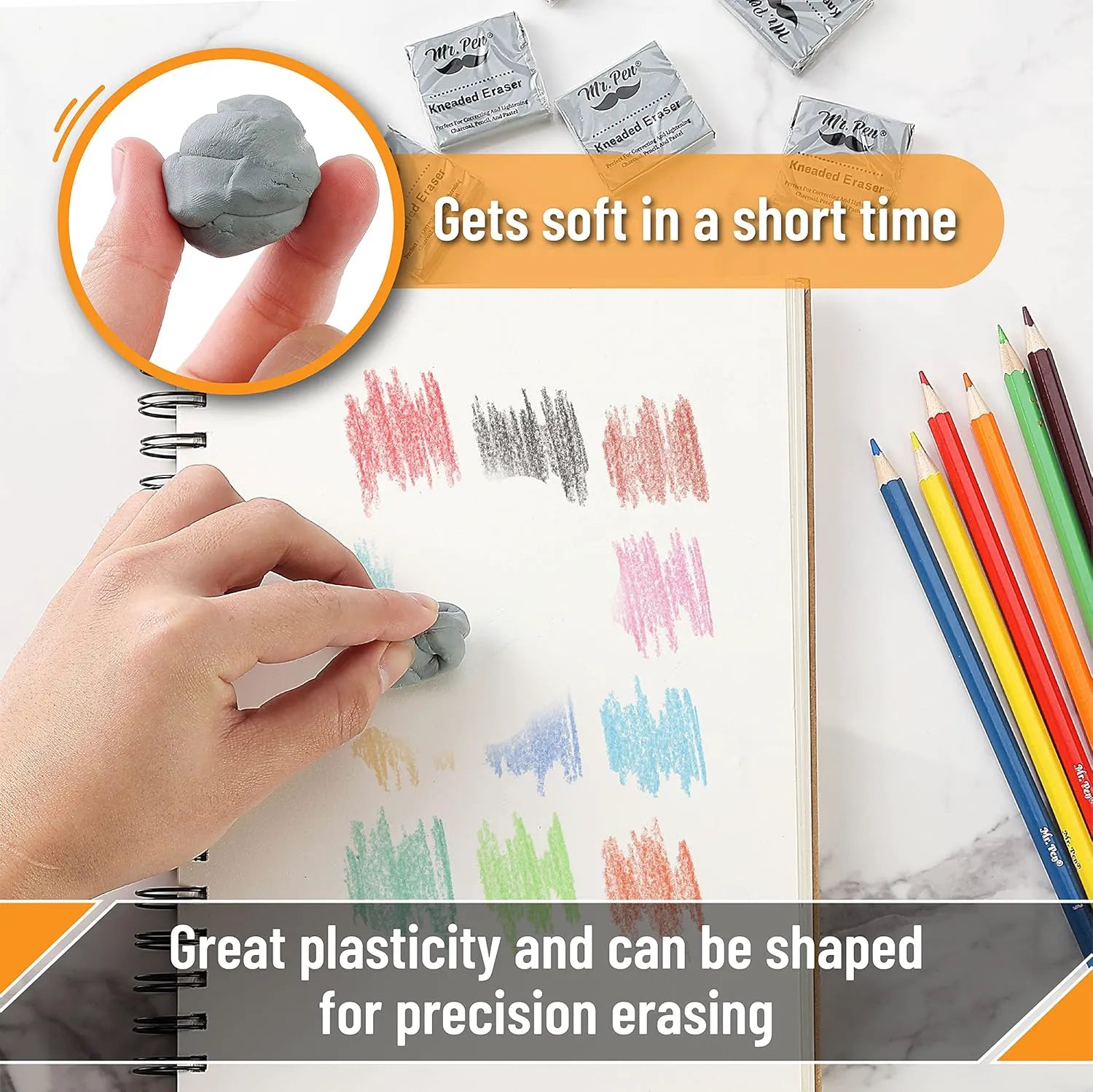 Mr. Pen Kneaded Eraser, 3 Pack, Grey, 1.44" x 1.36" - Artists' Art Eraser