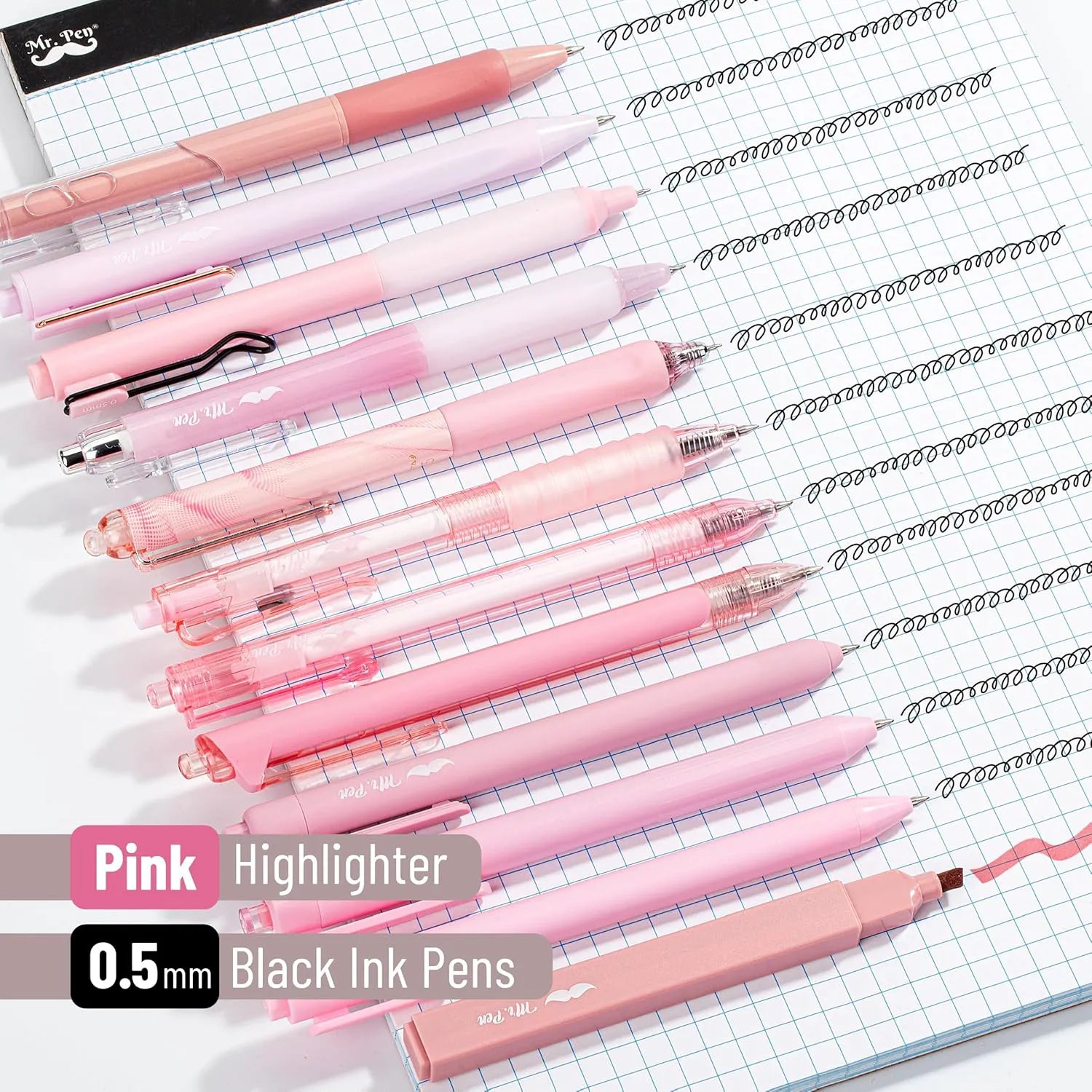 Mr. Pen Gel Ink Pen Set - 12 Pastel Pink Pens, Fine Point 0.5mm, Black Ink