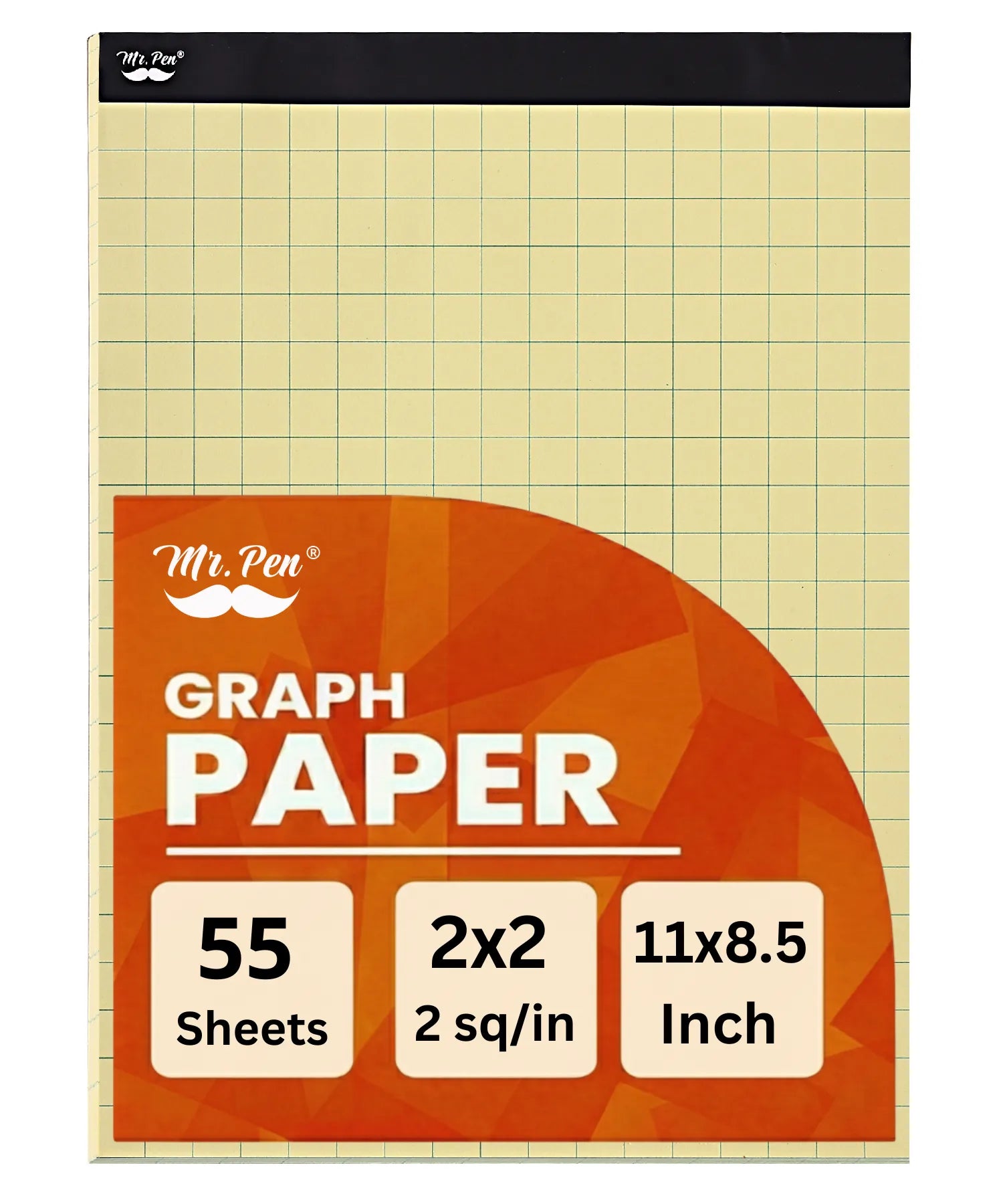 Yellow Graph Paper 11x8.5, 2x2 Grid (1/2 inch), 55 Sheets