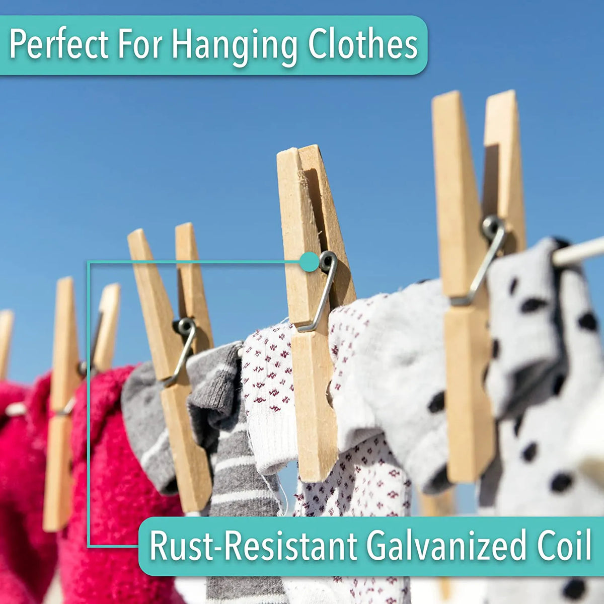 No-Slip Clothespins for Hanging Clothes, 50 Pack, 2.9 Inches
