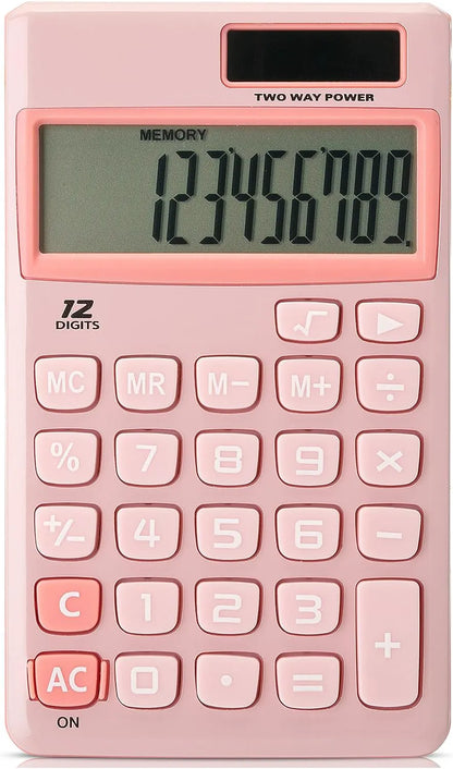 Cute Basic Calculator - 12-Digit, Light Pink, Solar Powered, Handheld
