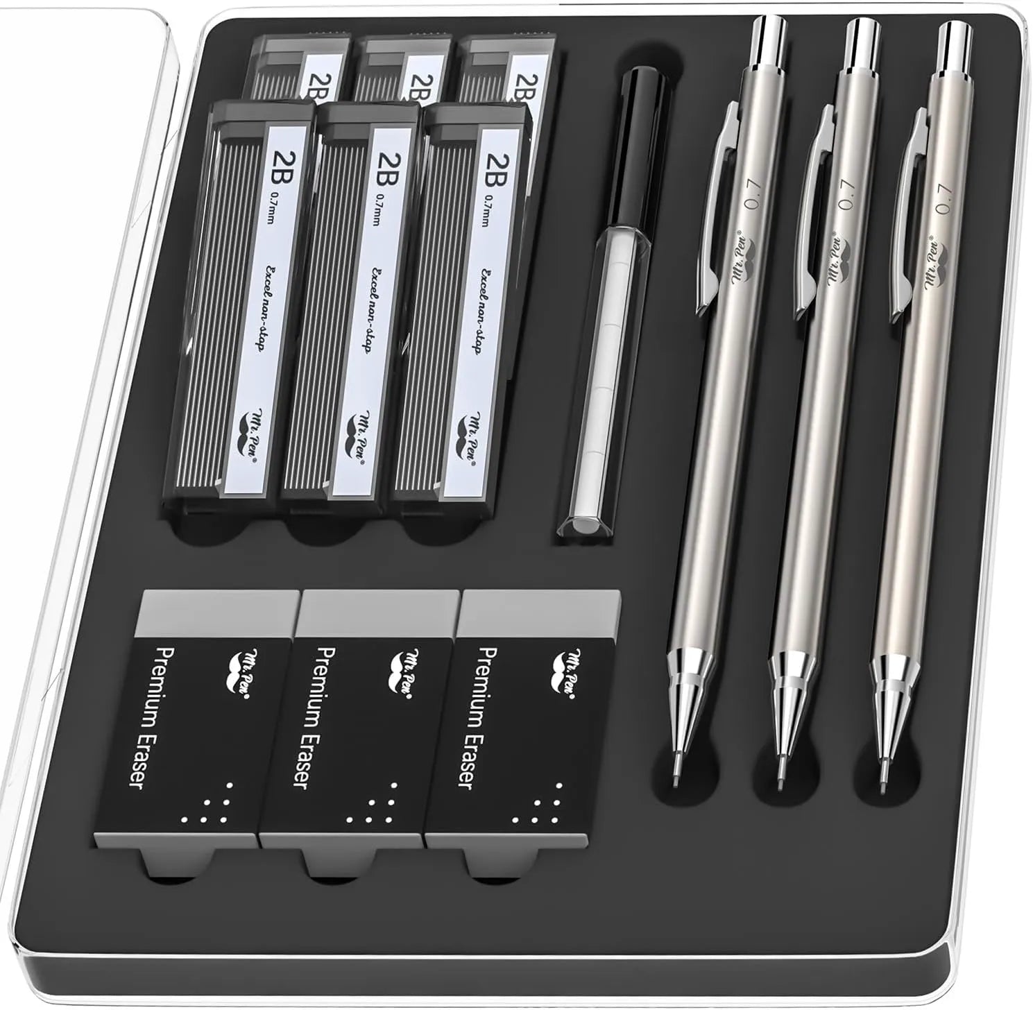 Metal Mechanical Pencil Set - 0.7mm, 3 Pack with Leads & Erasers