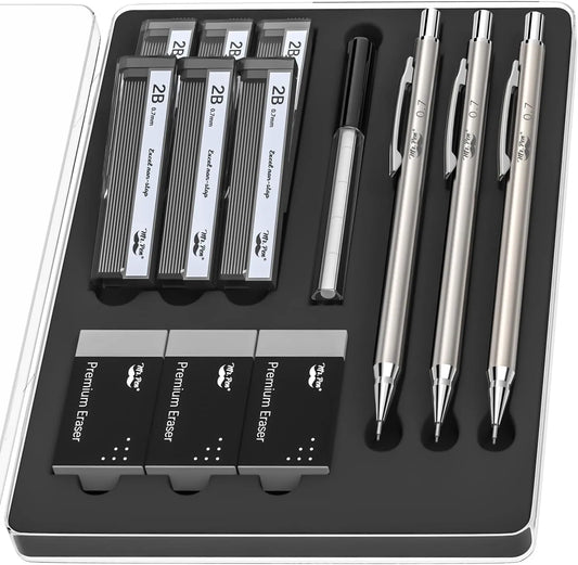 Metal Mechanical Pencil Set - 0.7mm, 3 Pack with Leads & Erasers