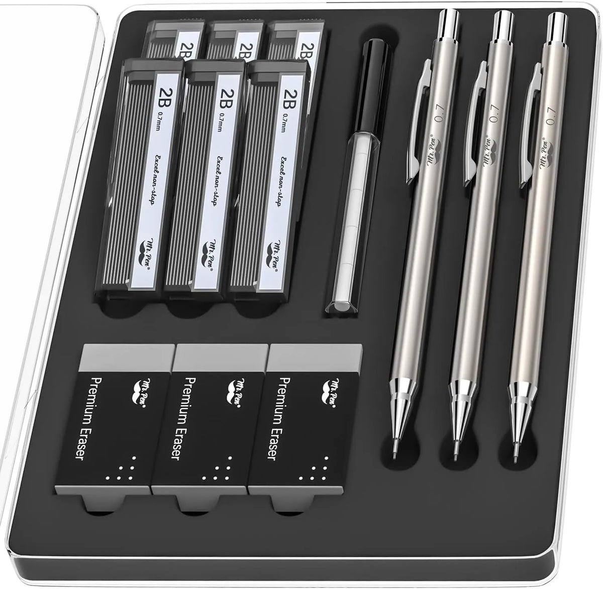 Metal Mechanical Pencil Set - 0.7mm, 3 Pack with Leads & Erasers