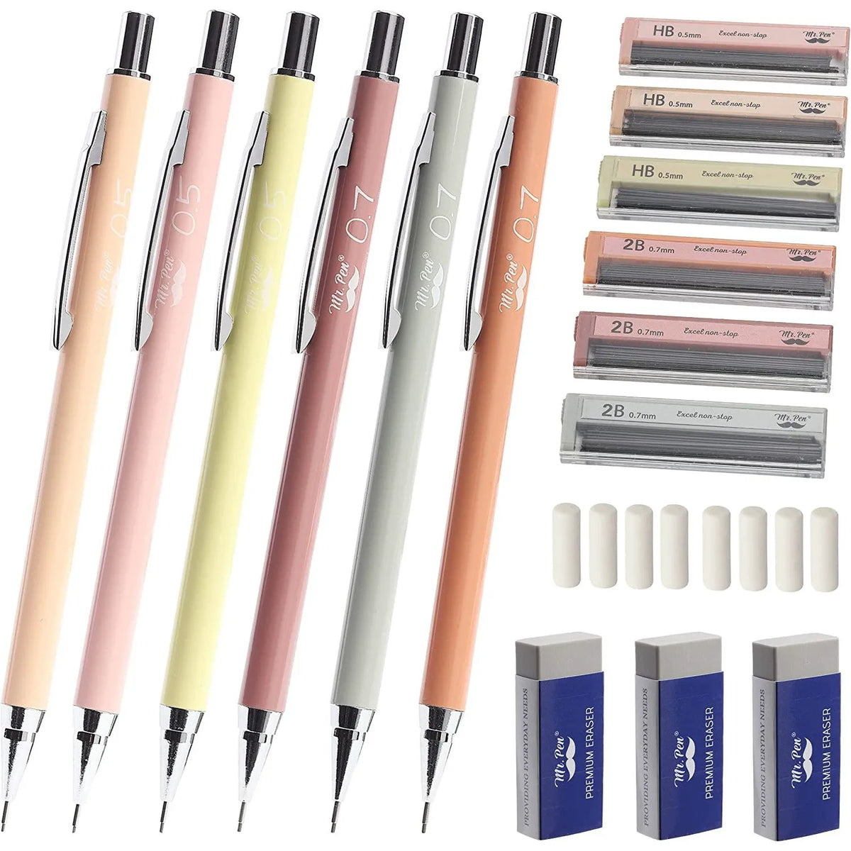 Pastel Boho Mechanical Pencils 6-Pack with 0.5mm & 0.7mm Refills