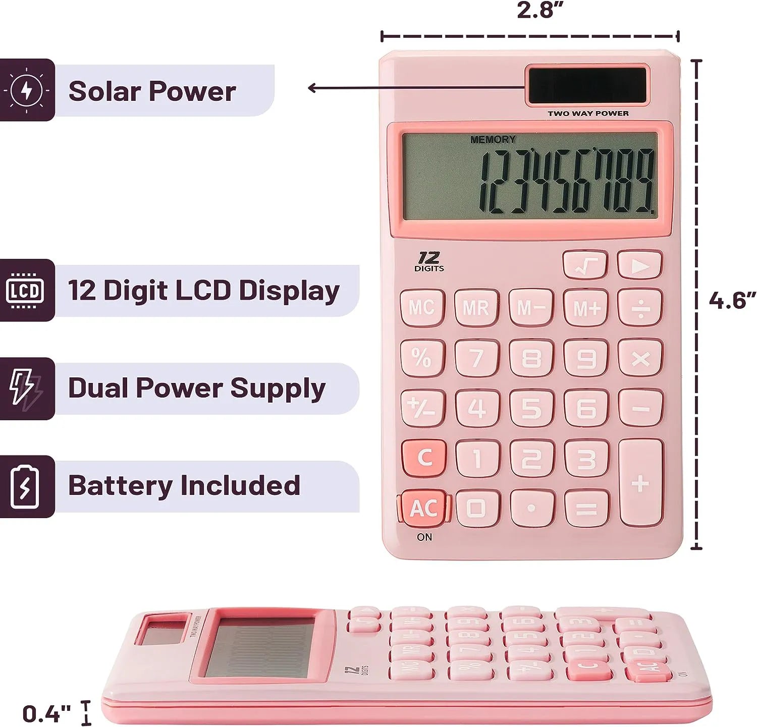 Cute Basic Calculator - 12-Digit, Light Pink, Solar Powered, Handheld