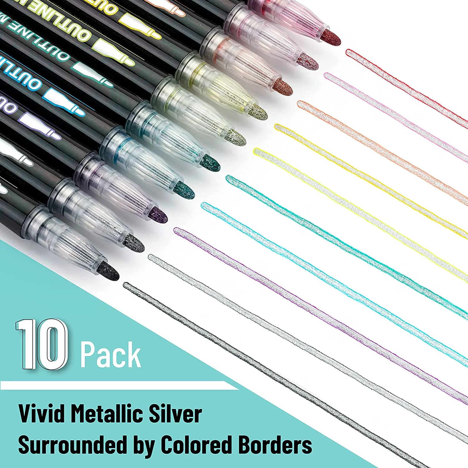 Double Line Outline Markers, 10 Pack, Shimmer Metallic Colors