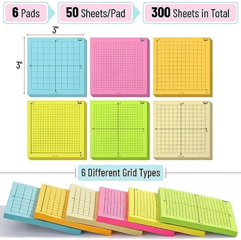 Graph Paper Sticky Notes 3x3, 6 Pads, Bright Colors, 300 Sheets