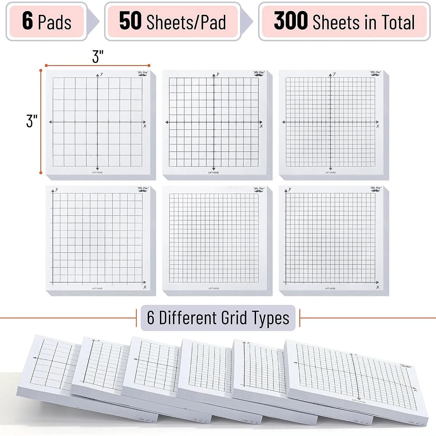 Graph Paper Sticky Notes 3x3 Inches, 6 Pads, White, 6 Designs, 300 Sheets Total