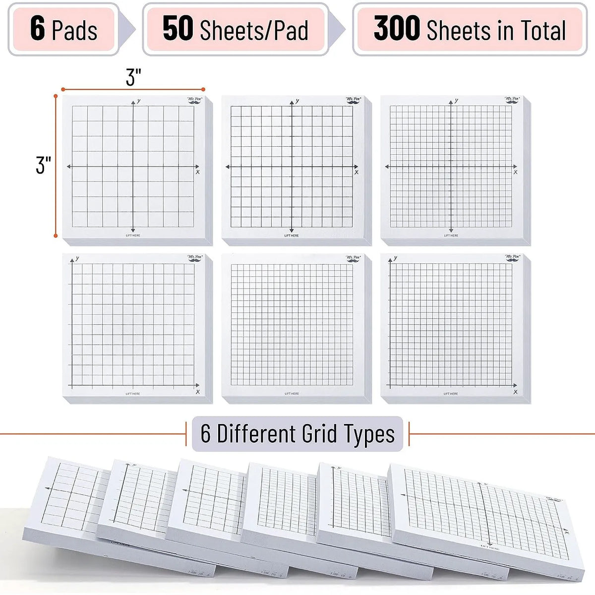 Graph Paper Sticky Notes 3x3 Inches, 6 Pads, White, 6 Designs, 300 Sheets Total